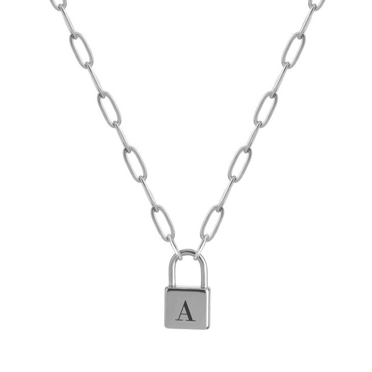 Silver Lock Necklace Any Initial Laser Engraved Pendant Trendy Gift-ONecklace ®