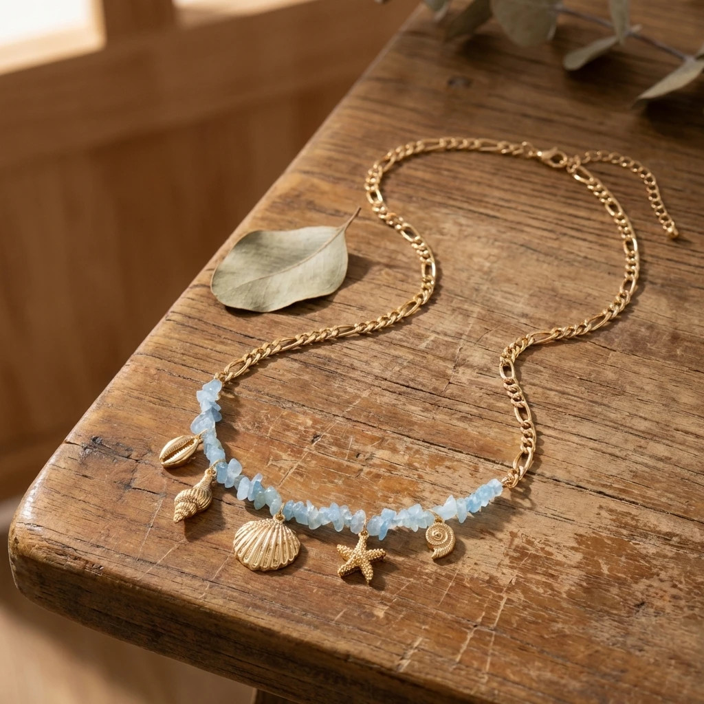 Light Blue Shell Starfish Conch Pendant Necklace for Women Summer Vacation Style