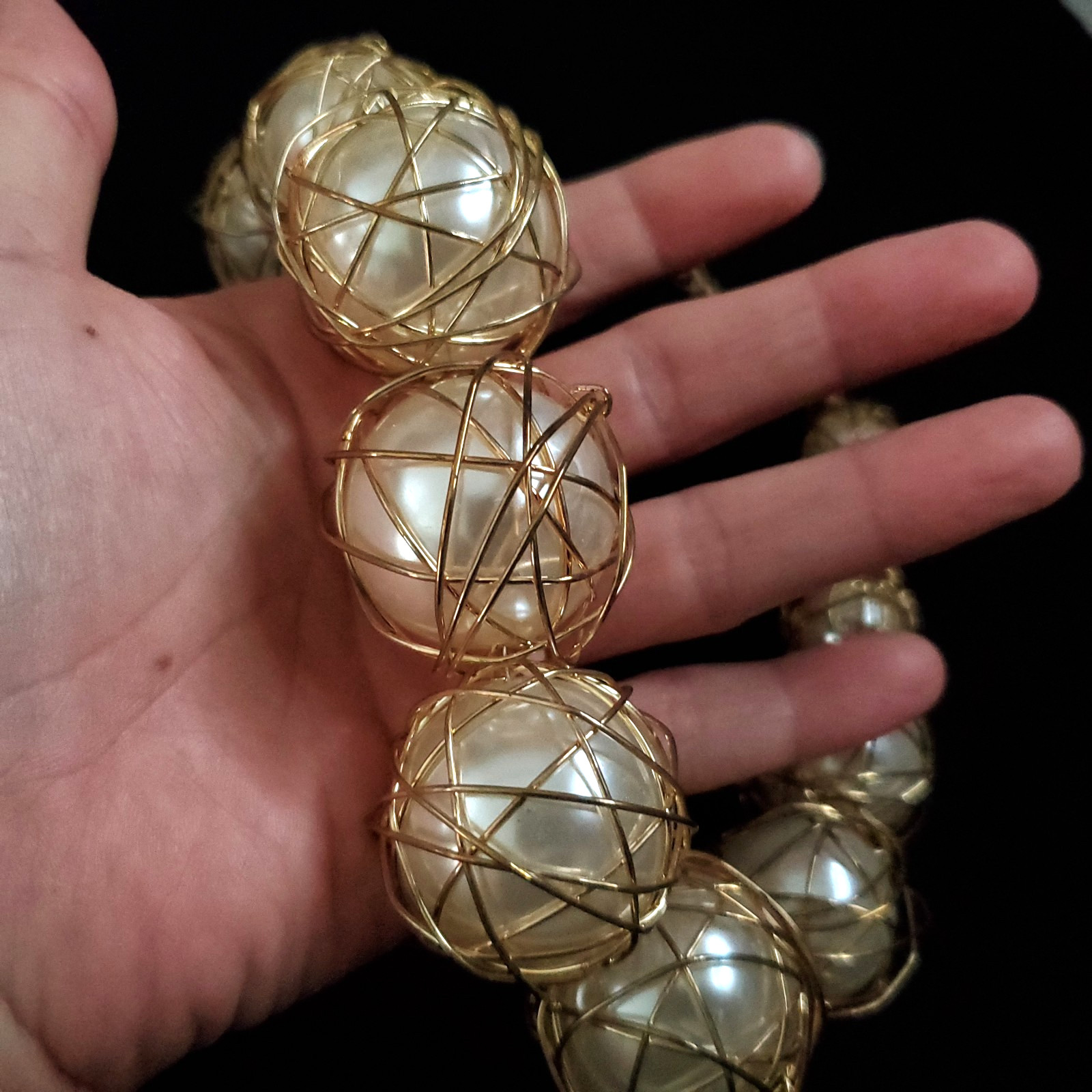 Chunky Statement Necklace Gold Tone Wire Wrap Faux Pearls Runway 23″
