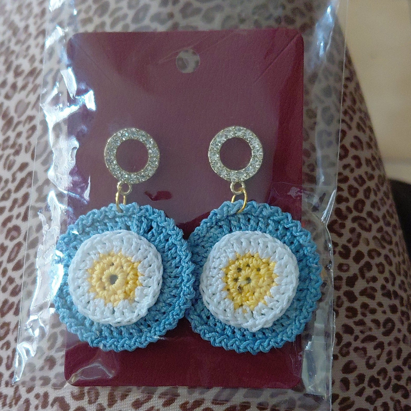Handmade Crochet Round Dangle/Drop Earrings Blue White Yellow Butterfly Back
