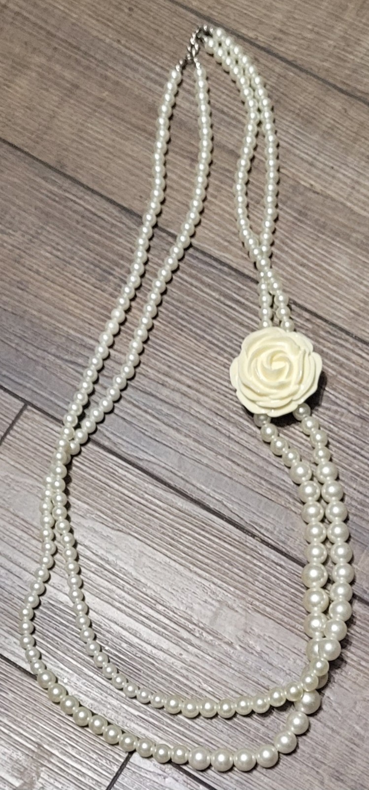 Faux Pearl Double Strand Necklace With Flower 35 In Beautiful