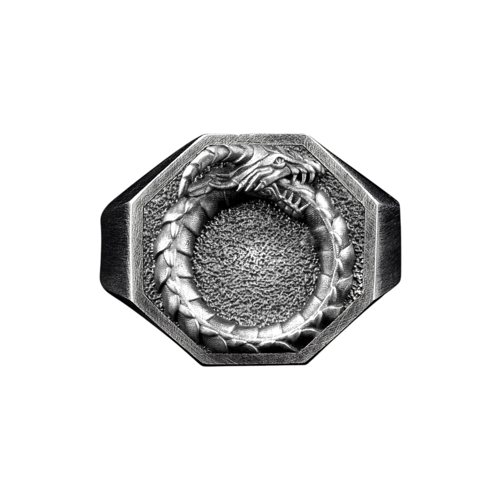 Ouroboros Dragon Polished Silver Ring, Fantasy Geometric Men Gift Jewelry