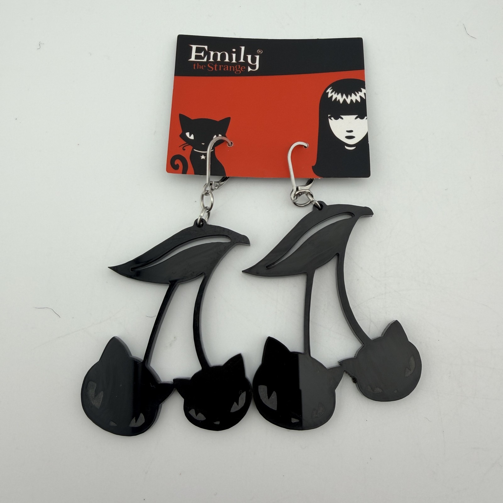 Emily the Strange Black Cat Cherry Dangle Earrings Gothic Alternative Fashion