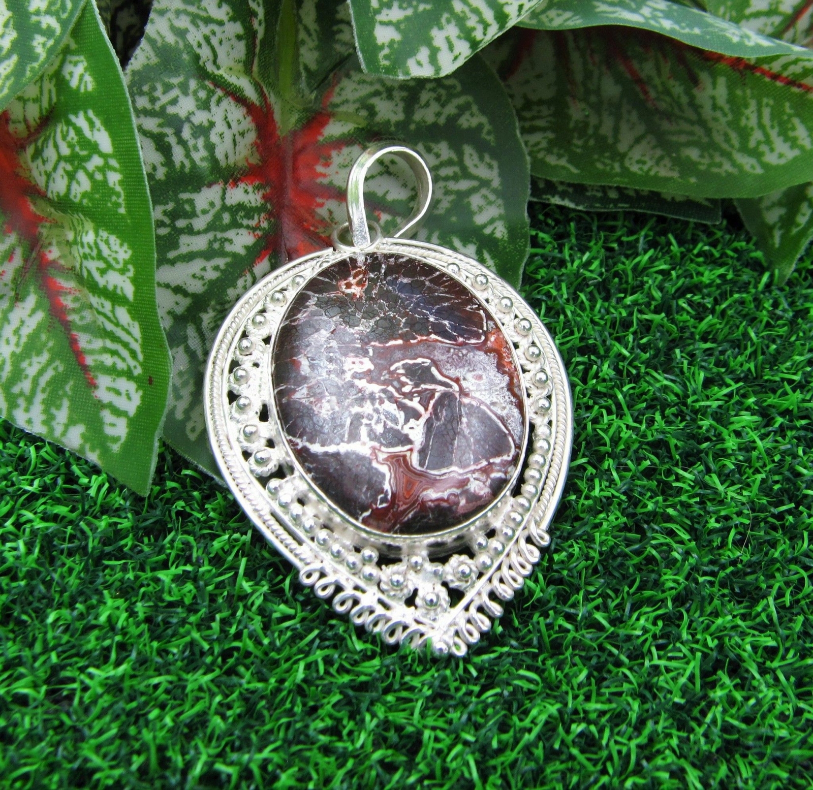Handcrafted Red Crazy Lace Agate Zinc Alloy Silver Metal Pendant