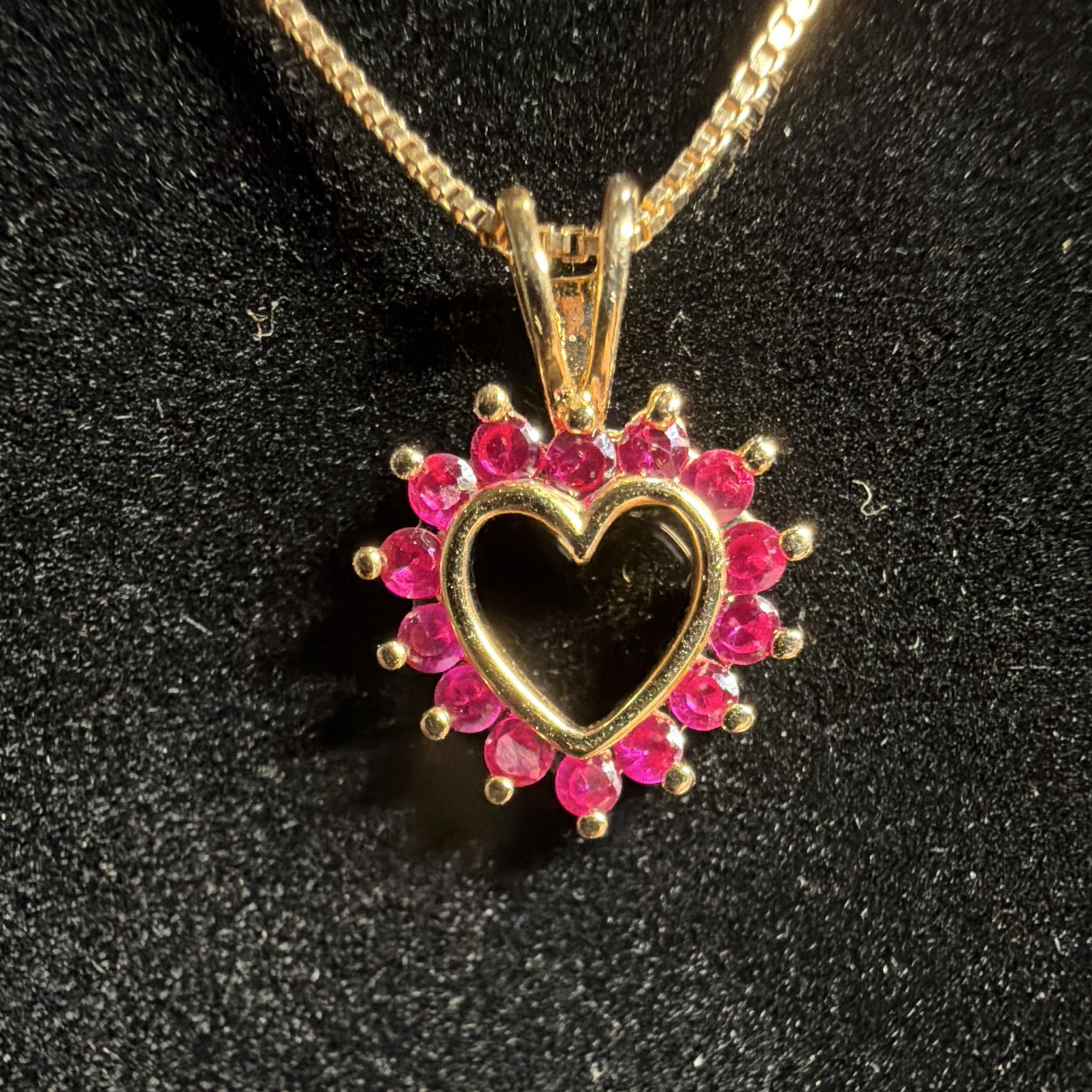 925 Sterling Silver Yellow Gold Tone Box Chain Heart Ruby pendant.