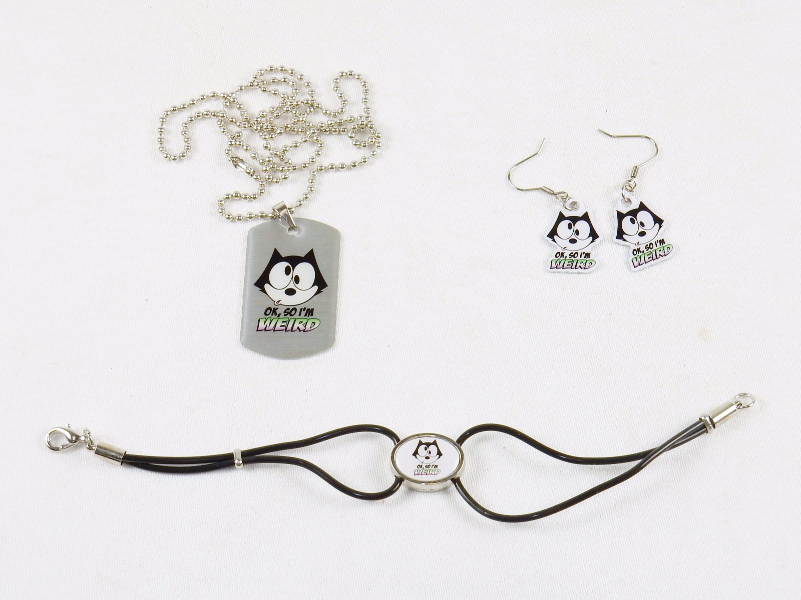 Felix The Cat Fashion Jewelry Set ~ Dog Tag, Earrings, Bracelet ~ #FLX-WRD-03