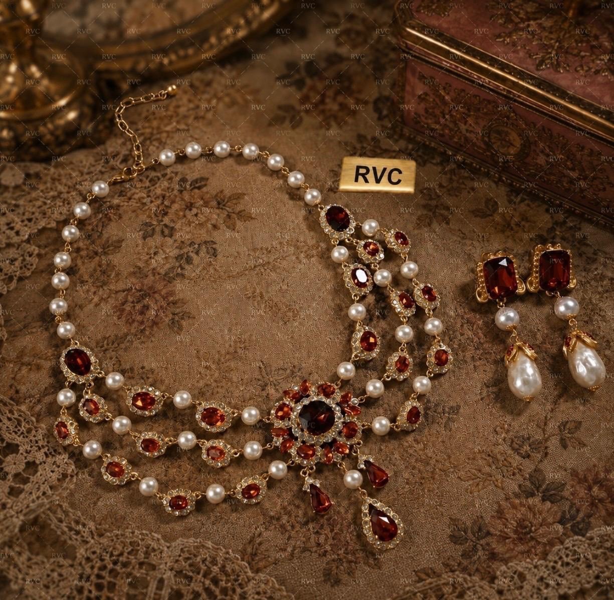 Vintage Victorian Revival Garnet Baroque Pearl Pendant Necklace & Earrings Set