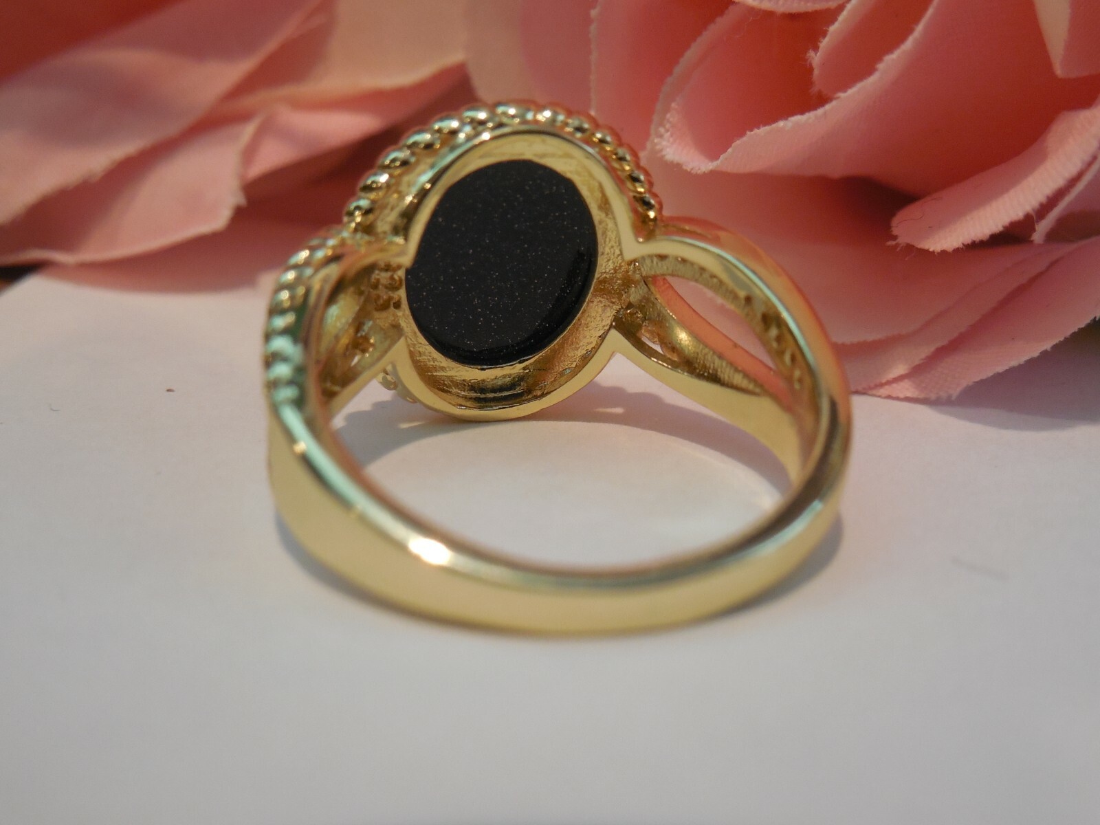 925 Silver Ring With Gold Overlay Starry Night Blue Cabochon Stone ring