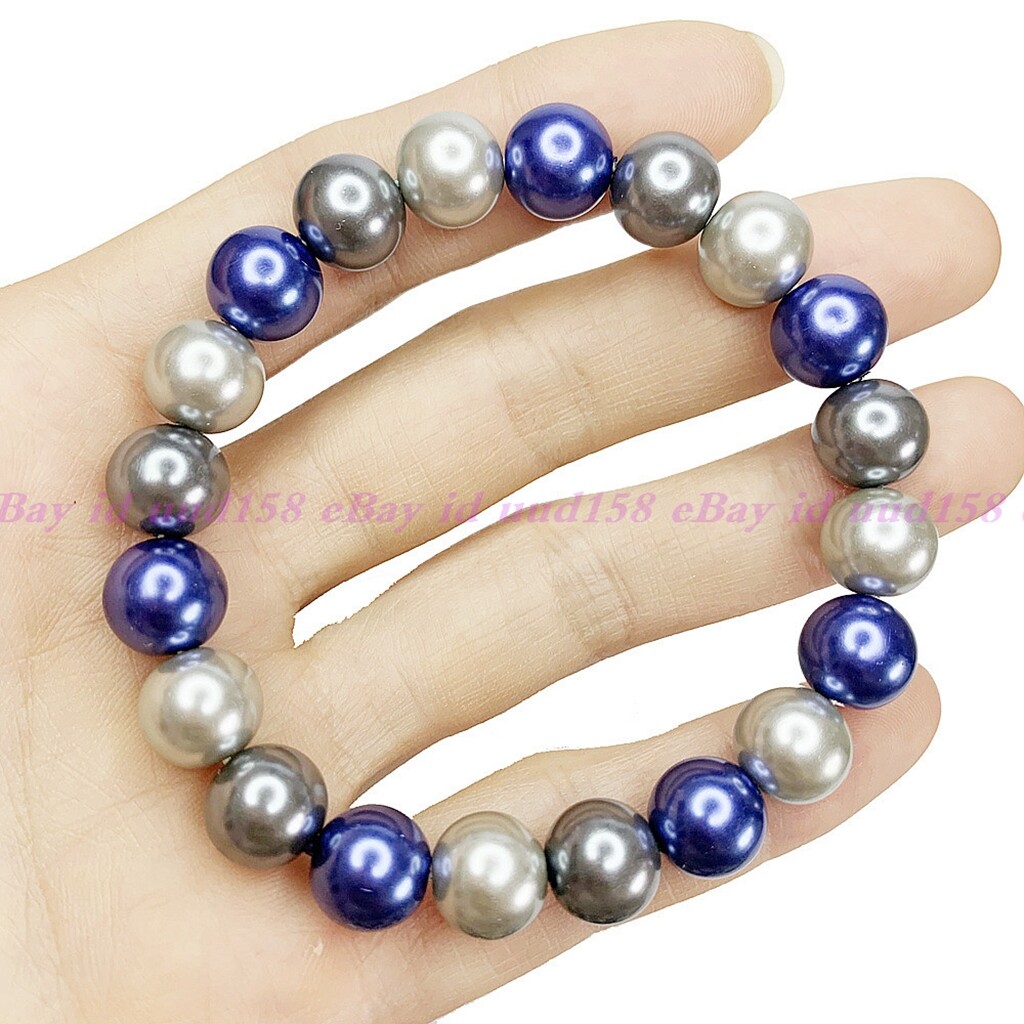 Fashion 8/10/12mm Multi-Color South Sea Shell Pearl Round Beads Bracelets 7.5”