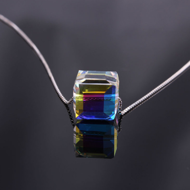 925 Sterling Silver AB Austrian Crystal Cube Square Pendant Necklace 18″ Gift A6