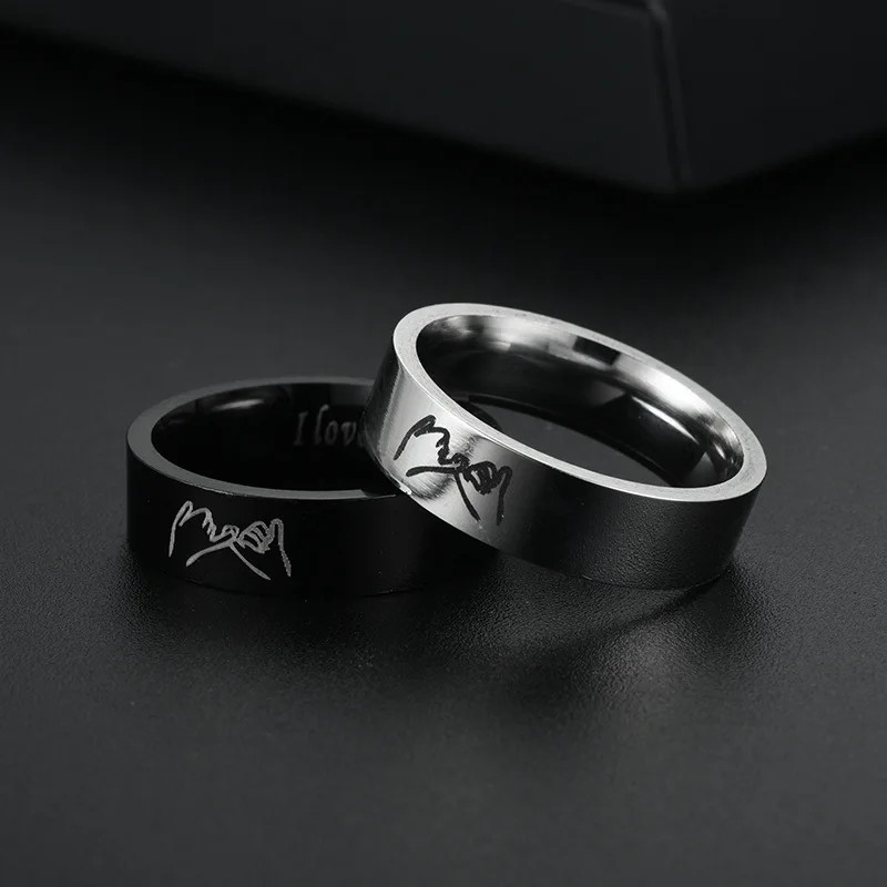 Couples Matching 2pc RING SET: ”I Love You” & “Pinky Promise” Engraved Bands