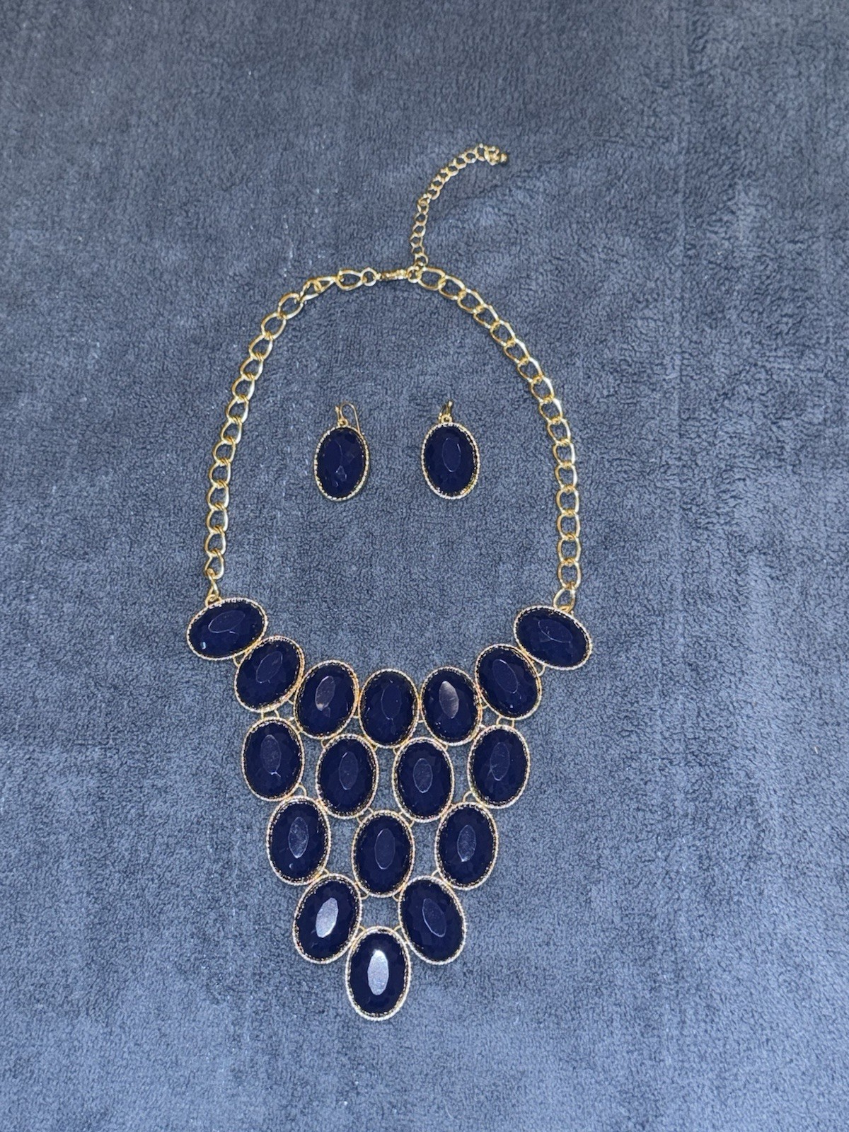 Fashion Bib Necklace Dark Blue and Gold Tones with Matching Earrings NWOT