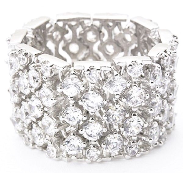 Band Ring Flexible-Silvertone-1/2″ Wide-4 Rows of SHINY CZ’s-NWT-Size Selectable