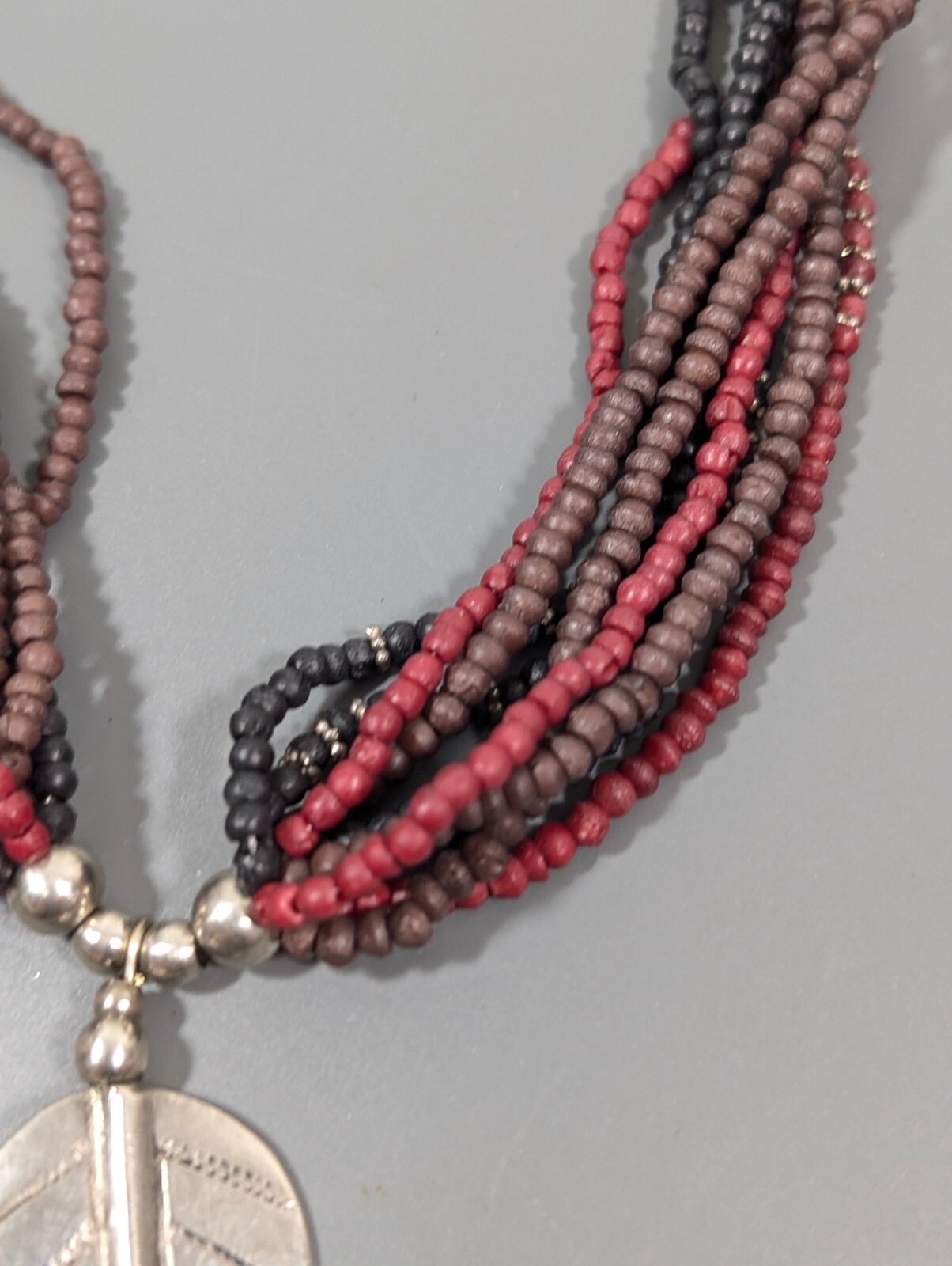 Red Black Beaded Leaf Pendant Multi Strand Statement Necklace Tribal Boho 22 in
