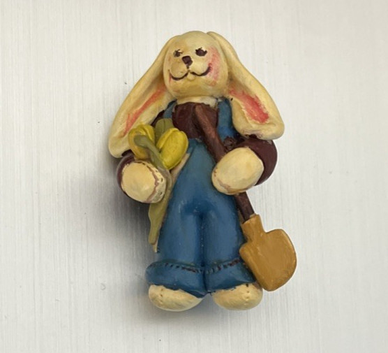 Vintage 1993 Hand Made Polymer Clay Easter Spring Gardening Rabbit Pin/Brooch-2″