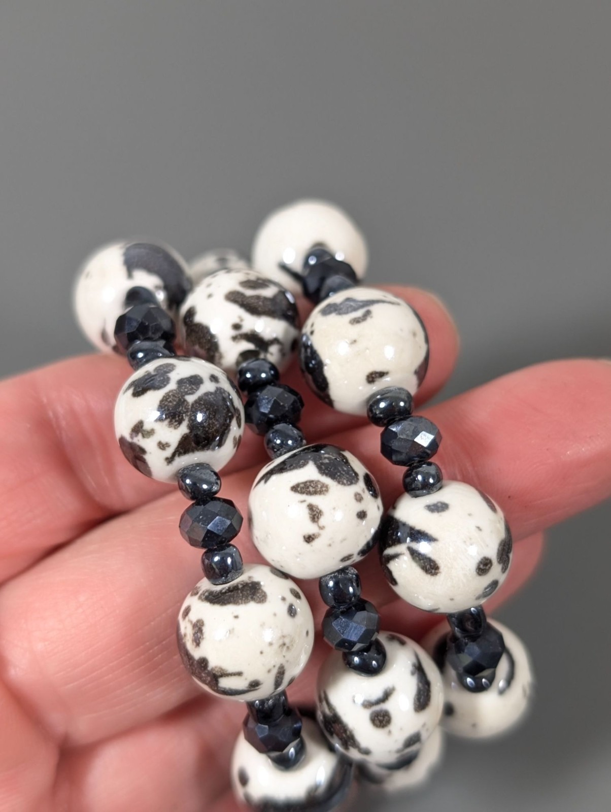 Dalmatian White Gray Ceramic & Hematite Beaded Wrap Bracelet