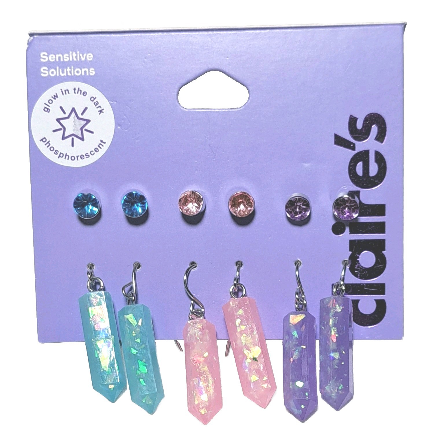 Claire’s Sensitive Solutions Glow In The Dark Earrings 6 Pair Crystal Design NEW