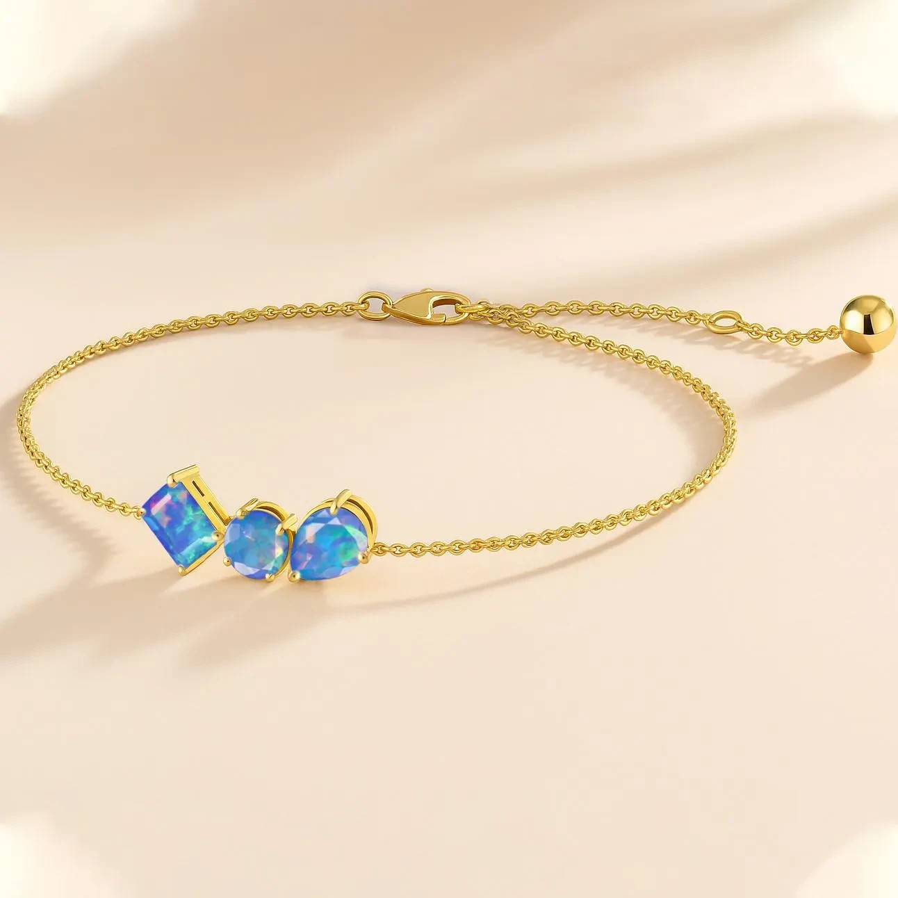Blue Fire Opal Three Stone Chain Bracelet 925 Sterling Silver Chain Bracelet