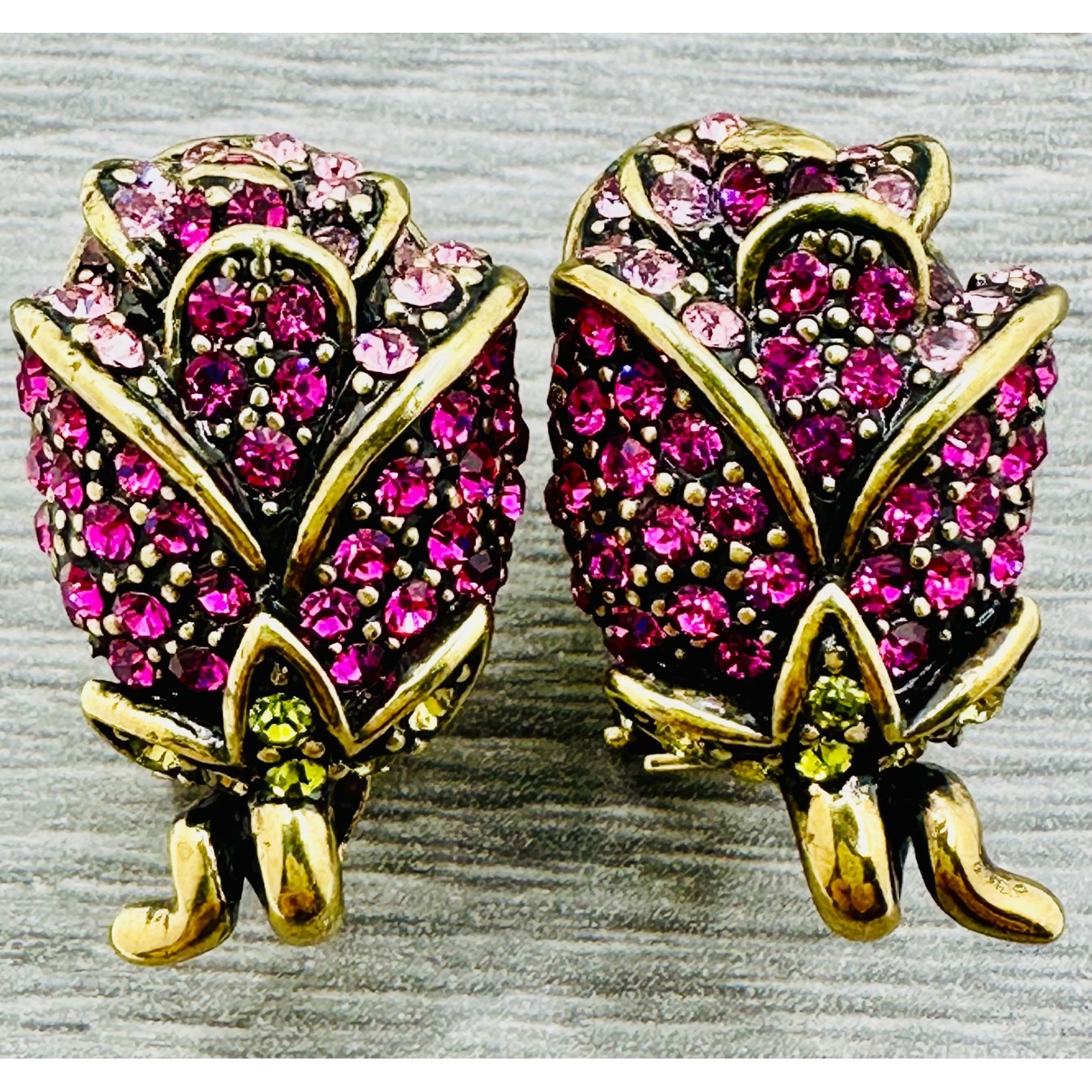 Heidi Daus Rose Bud Crystal Omega Back Earrings Pink Fuchsia Bronzetone Floral