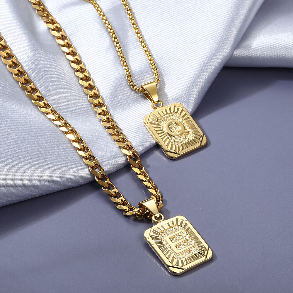 Couple Jewelry Gold Filled Initial Necklace Letter Pendant w/ Box / Curb Chain