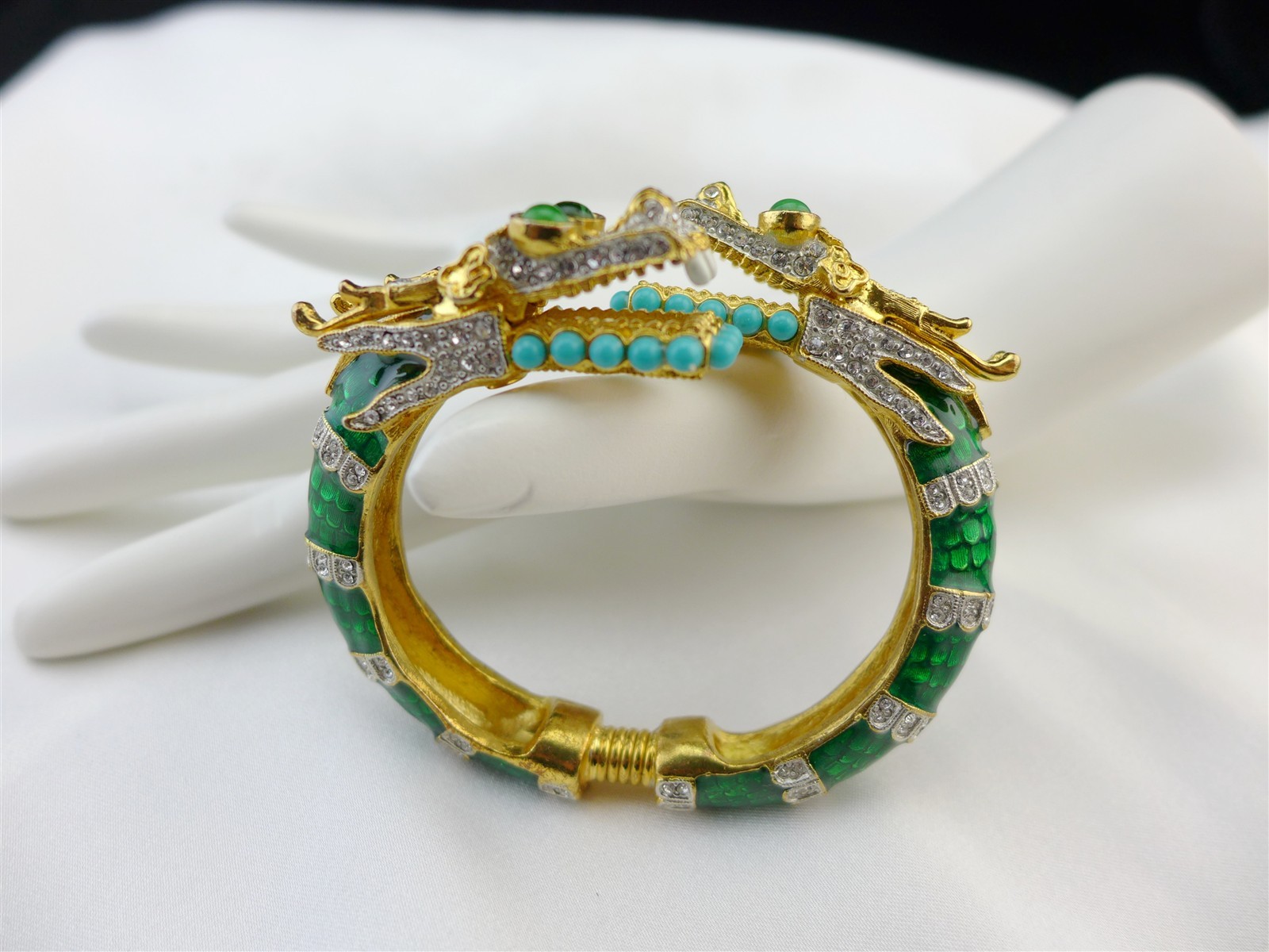 KJL Kenneth Jay Lane Jeweled Enameled Twin Headed Dragon Bangle Cuff Bracelet