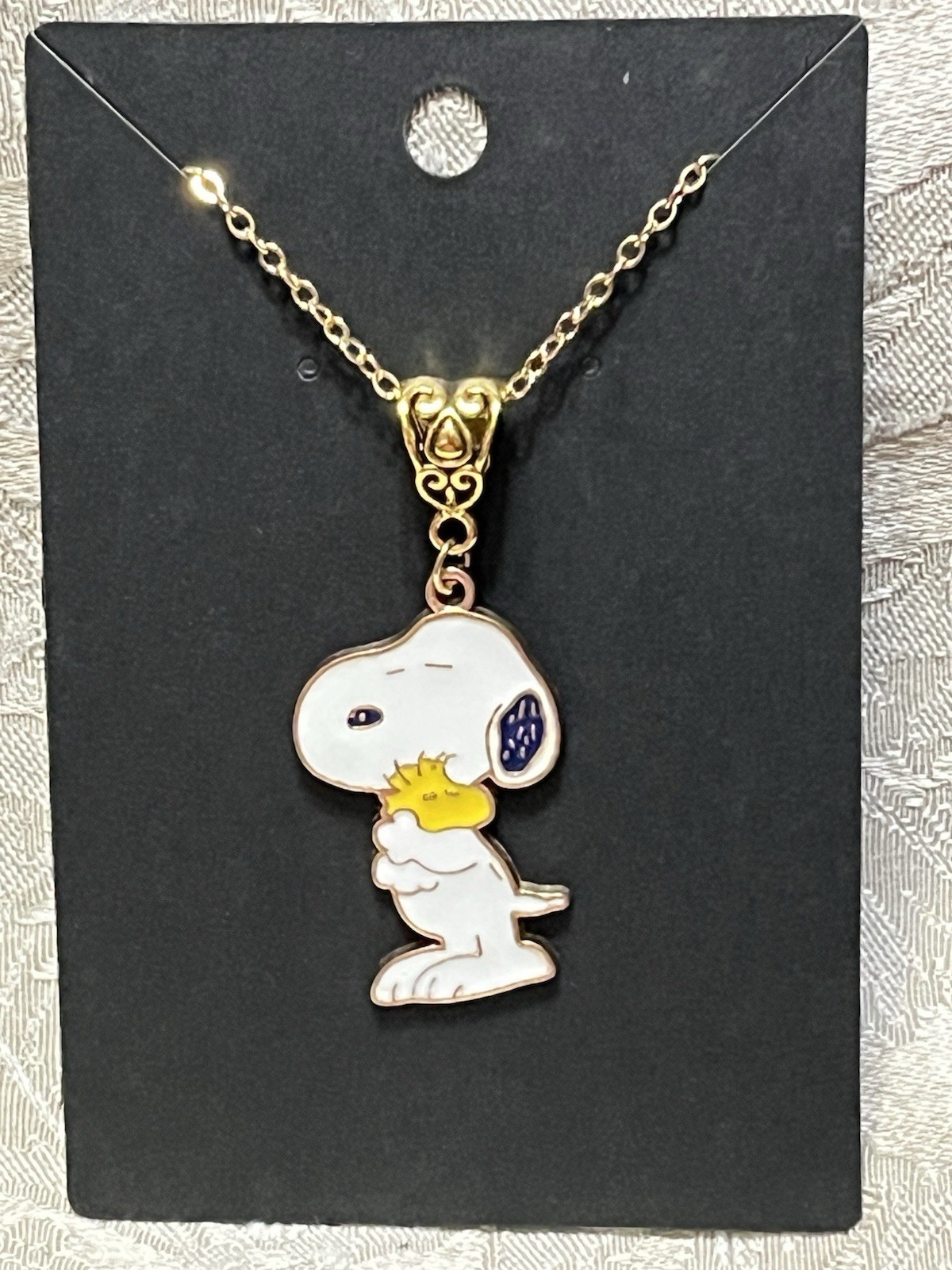 Snoopy Woodstock Hug Gold Enamel Charm Pendant Fashion Boho Gold Necklace 18”
