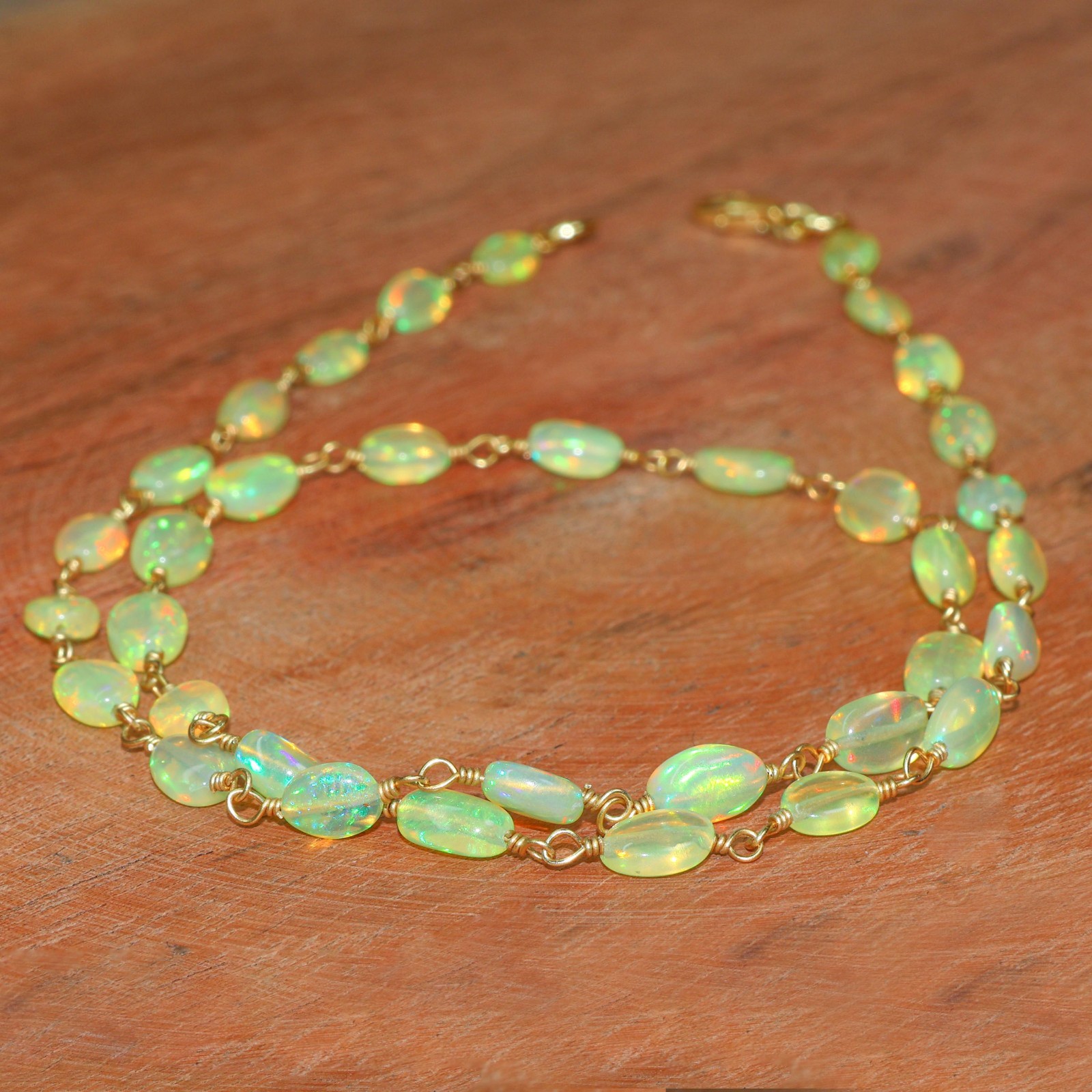 Multifire Yellow Opal Tumble Beads Wire Wrap Necklace, Ethiopian Opal Handmade