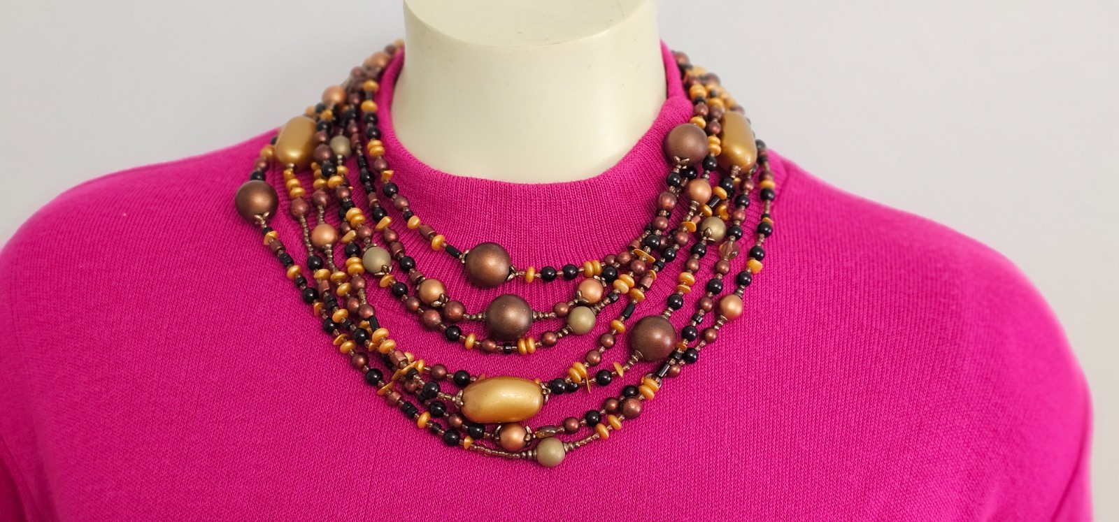 CHICOS 7 strand necklace brown gold beads 21” plus 4 1/2” chain