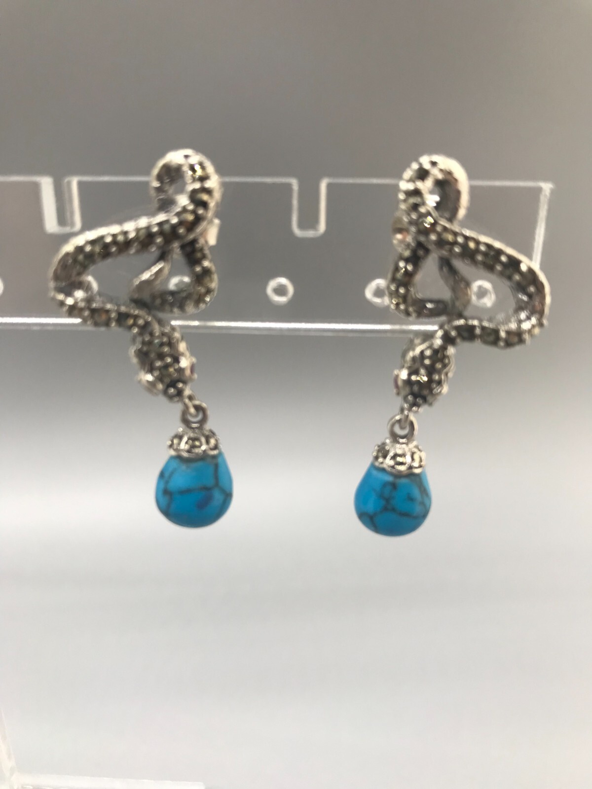 Cobra Earrings, Stabilized Turquoise Gems, Stud, 925 Silver, Rubi, Marcasite