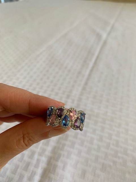 GORGEOUS Sz 11 JTV Ring Multicolor Cubic Zirconia Gemstone purple, blue, peachy