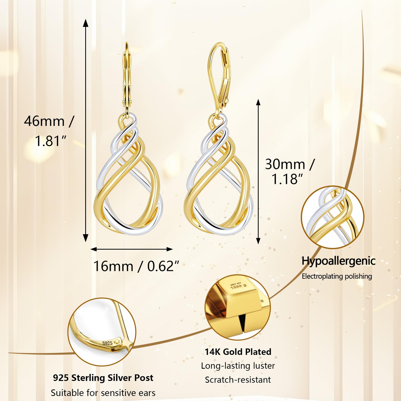 Two Tone Twisted Drop Earrings for Women, 14K Gold and Silver Plated Leverbac…