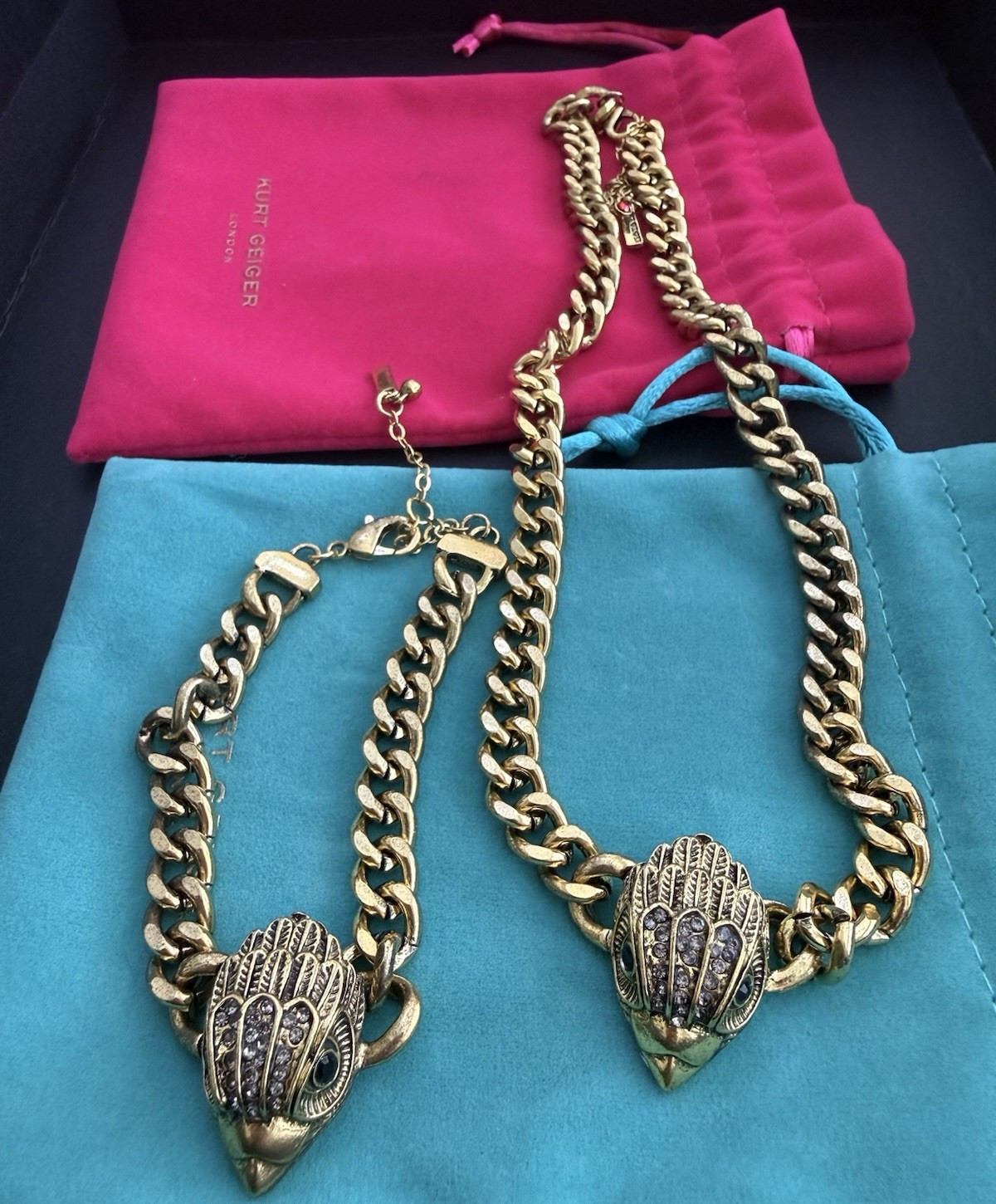 Kurt Geiger London Gold Tone Clear Crystal Animal Head Necklace & Bracelet