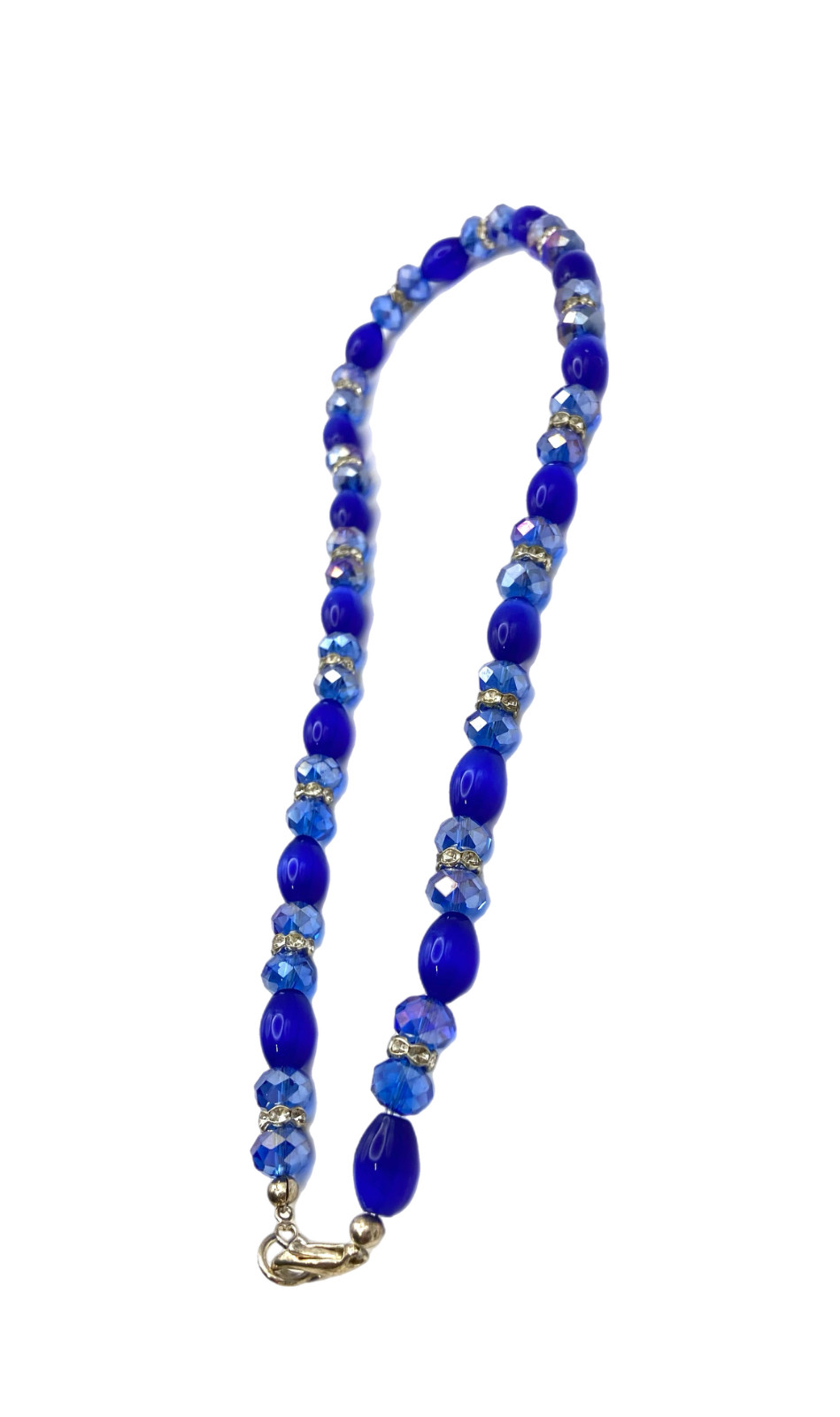 Cobalt Blue Faceted Crystal Glass Rhinestone Accents Choker Beaded Necklace 21″