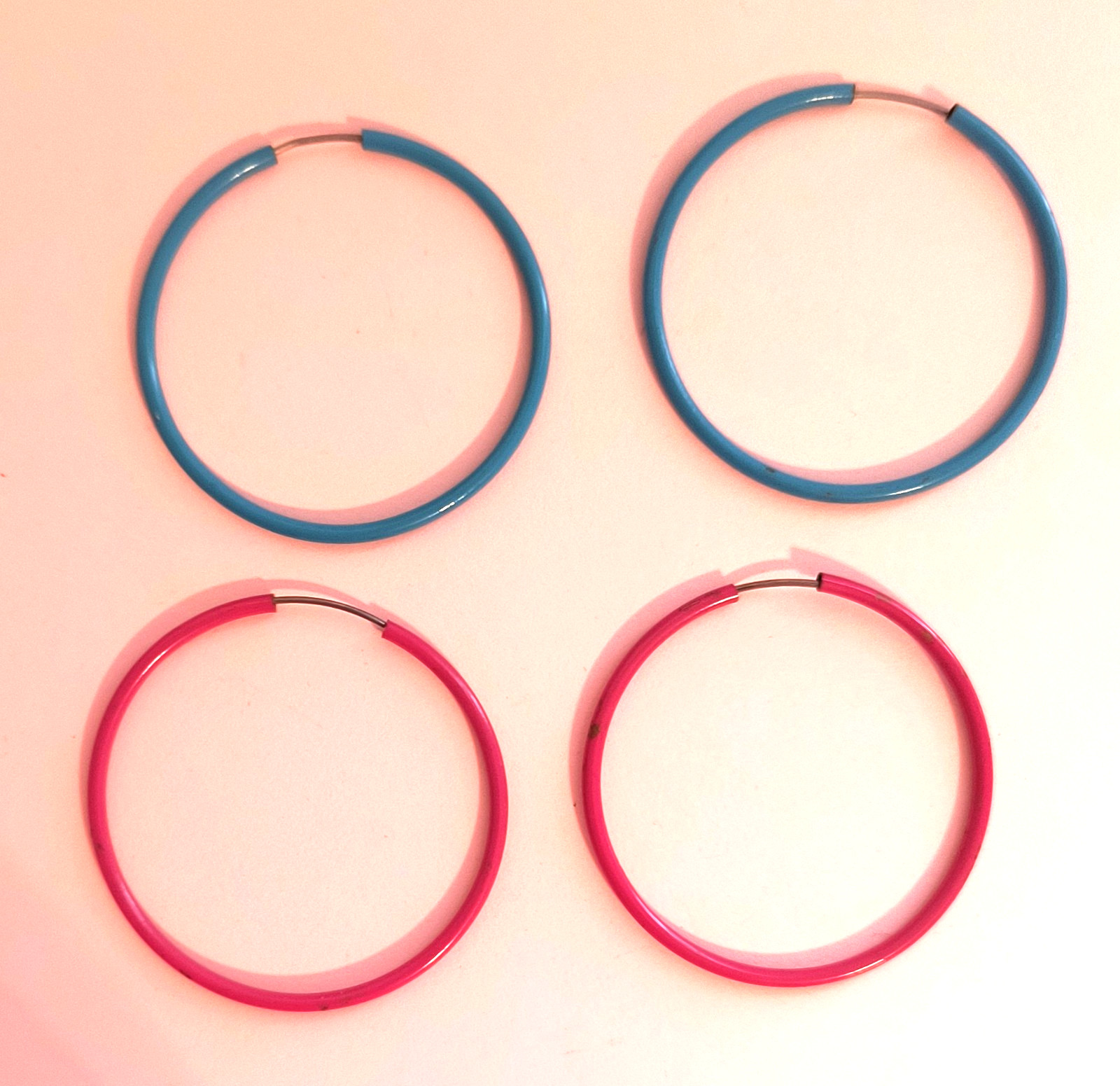 2 Pairs Hoop Metal Earrings for Pierced Ears Aqua Dark Pink 1 3/4 Inches