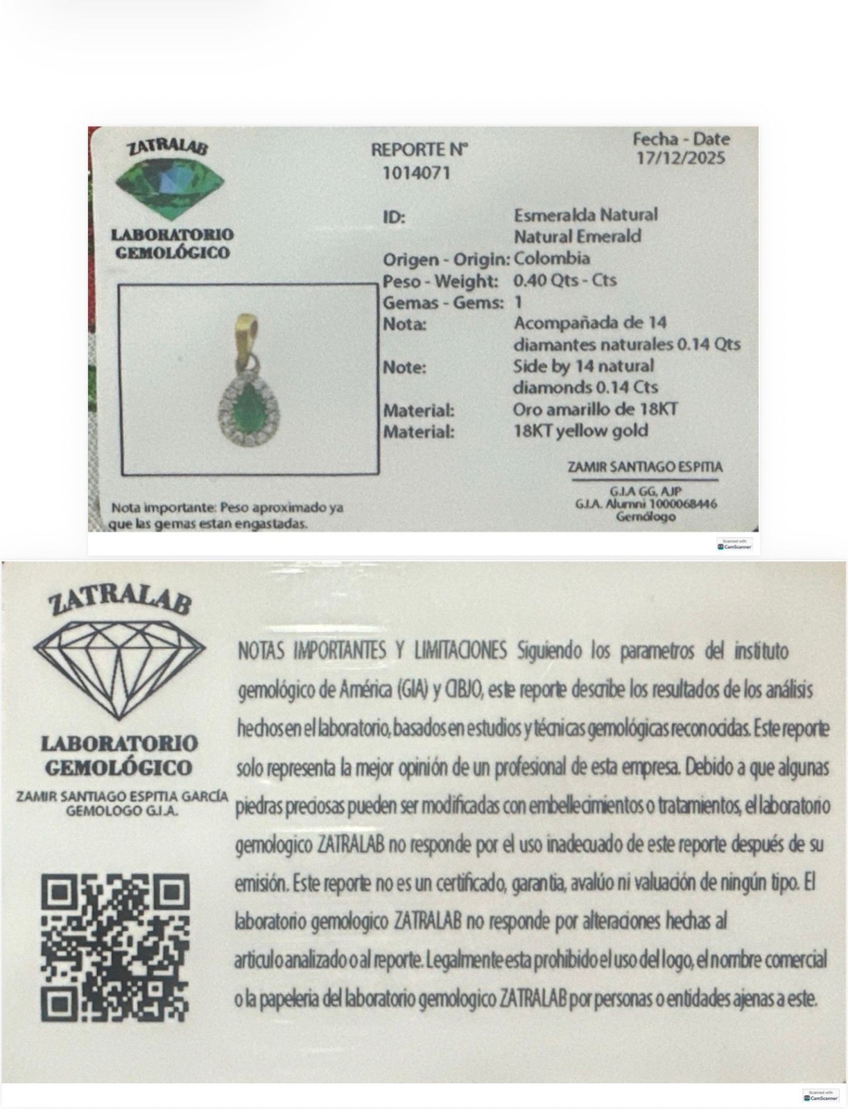 Exquisite Colombian Natural Emerald Pendant with Diamonds in 18KT Yellow Gold