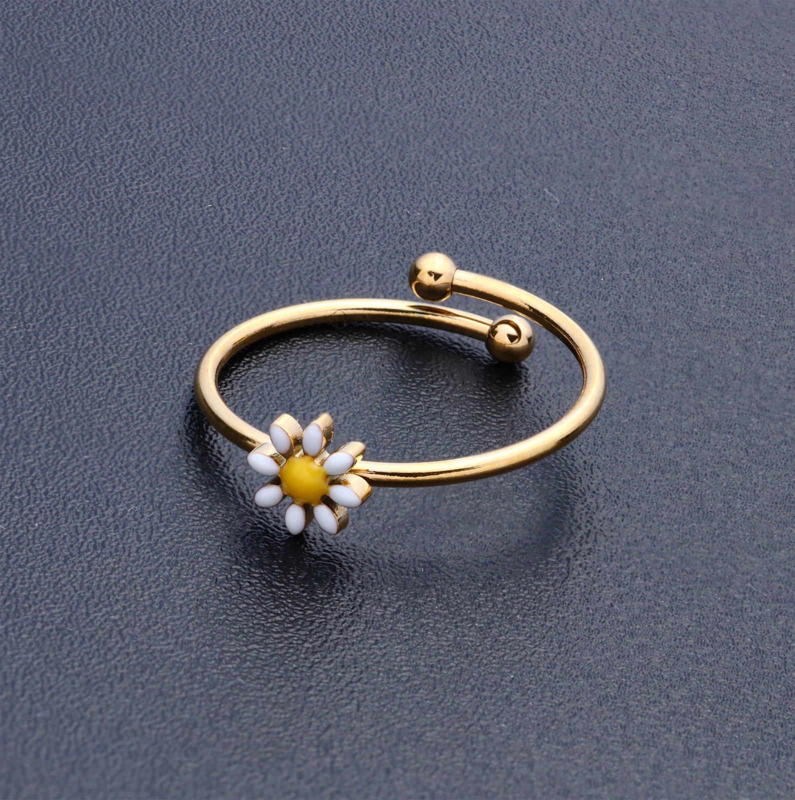 Gold Stainless Steel Toe Ring Enamel Daisy Flower White Yellow Adjustable Band
