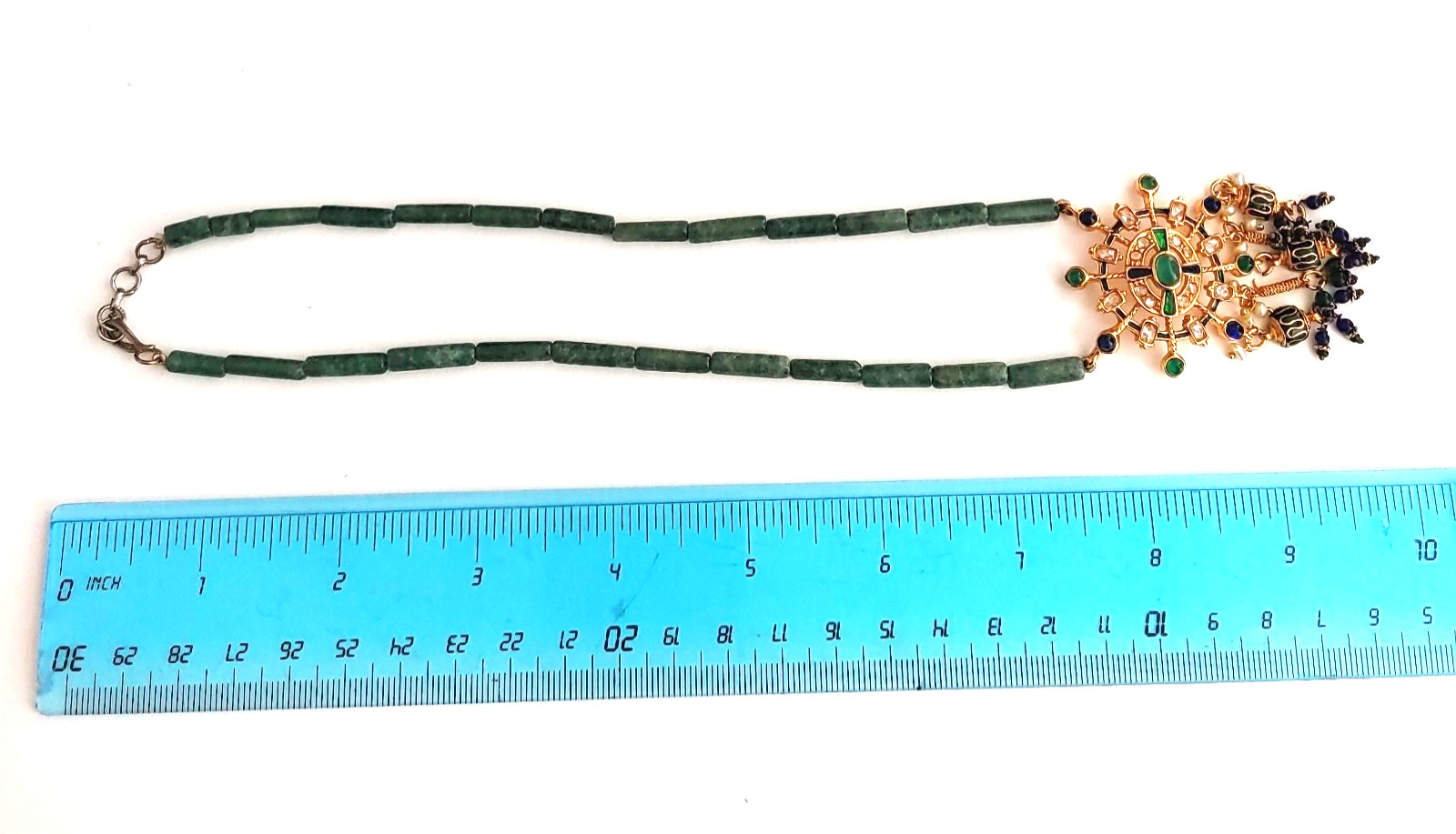 Ornate Gold Tone Green Blue Pendant Necklace Beaded Stone Freshwater Pearls 16”