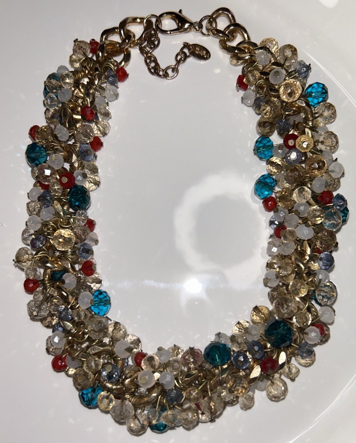 ZARA Gold Tone Chain Statement Necklace Cluster Beads, Blue, Red, Bronze 17-20”