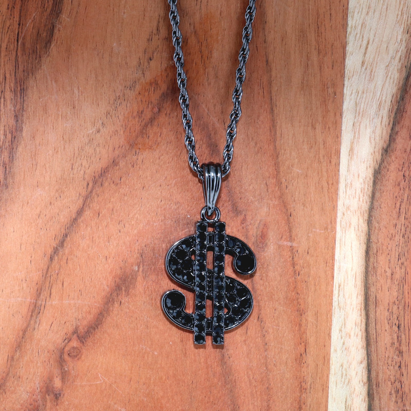 Dollar Sign Gun Plated Pendant Necklace, Money Symbol Charm with Rope Chain