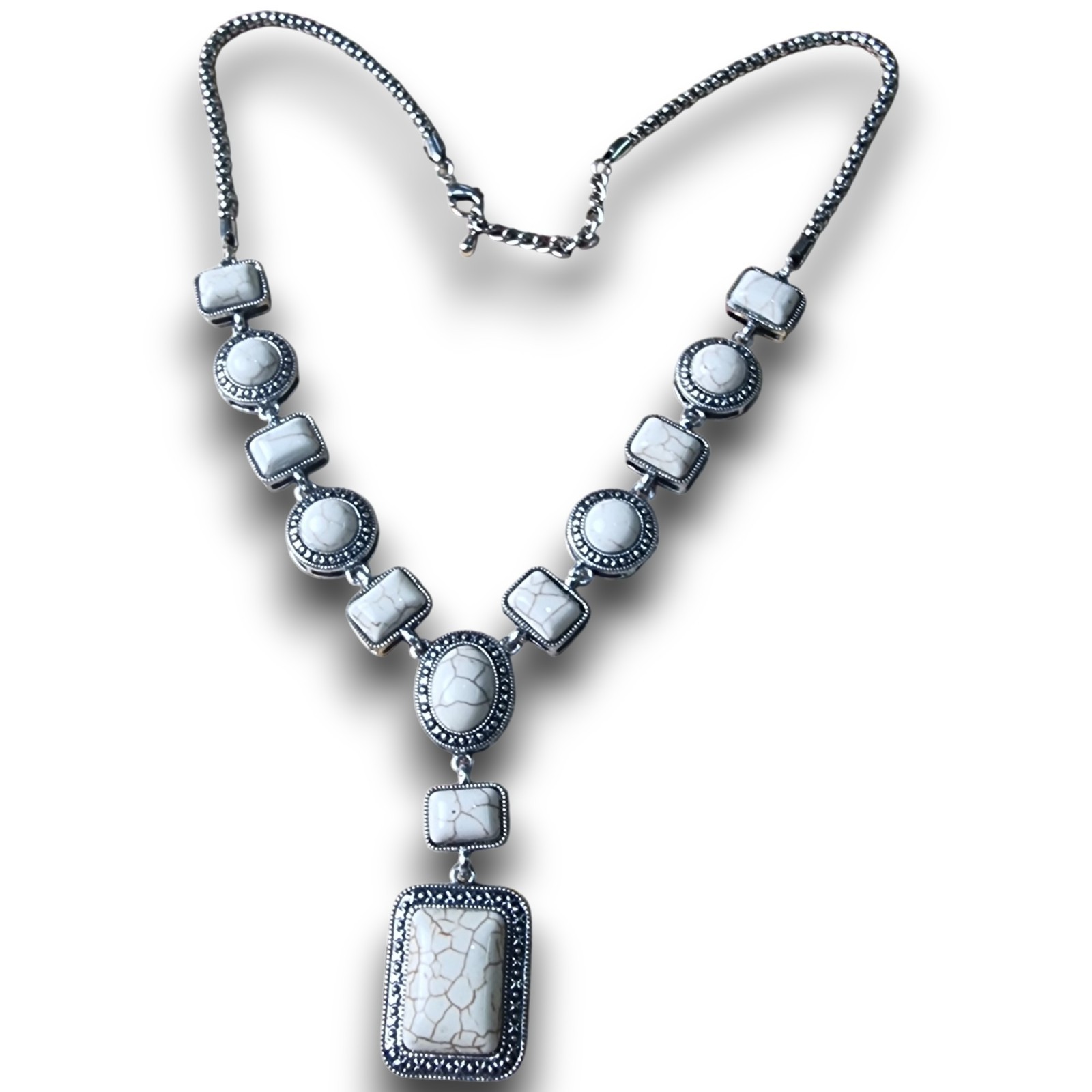 Boho White Ivory Statement Necklace Silver Tone Western Drop Bib Jewelry Gift