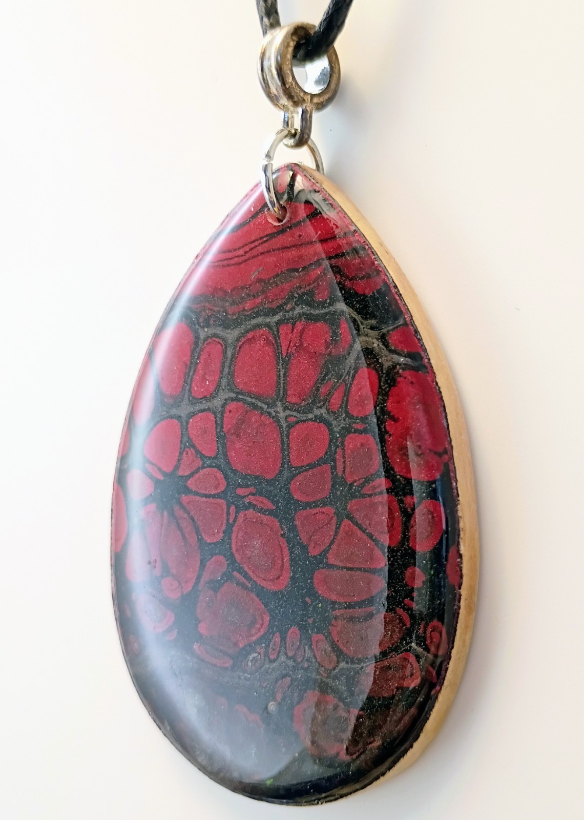 Hand Painted Necklace On Wood w/ Silver Toned Fitting & Black Cord Lightweight