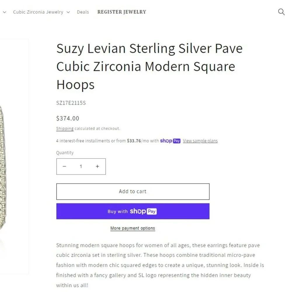 Suzy Levian Sterling Silver Square hoop CZ Earring Single earring replacement