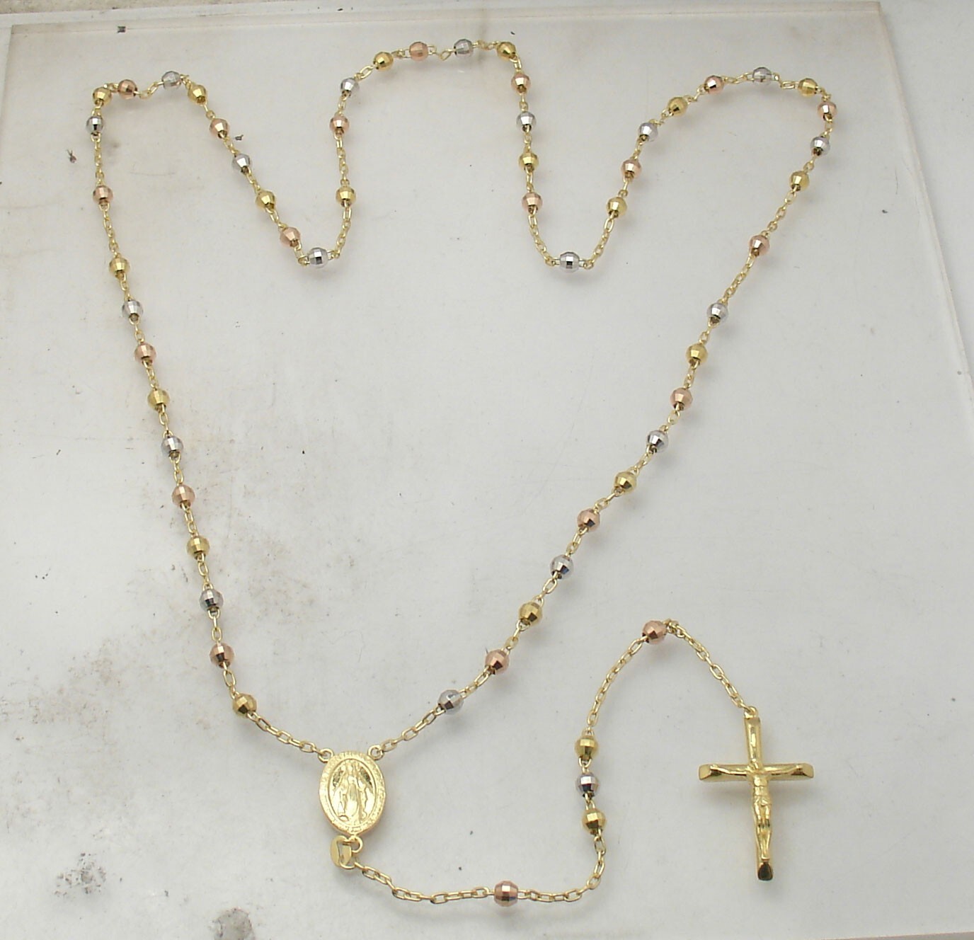 26″ 4mm Diamond Cut Rosary Rosario Chain Necklace TriColor Real Sterling Silver