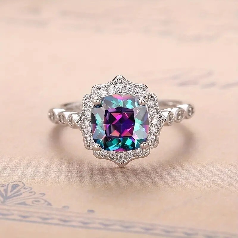 925 Sterling Silver Rainbow Mystical Fire Topaz Wedding Engagement Ring Size 8