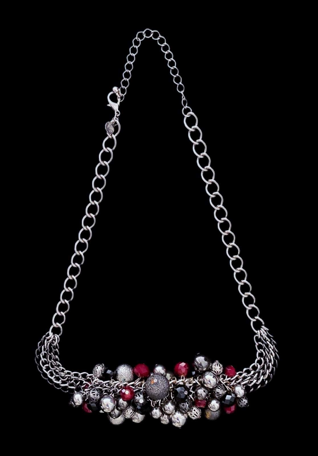 Silver-Tone Beaded Cluster Bib Necklace | Red + Hematite Bead Accents