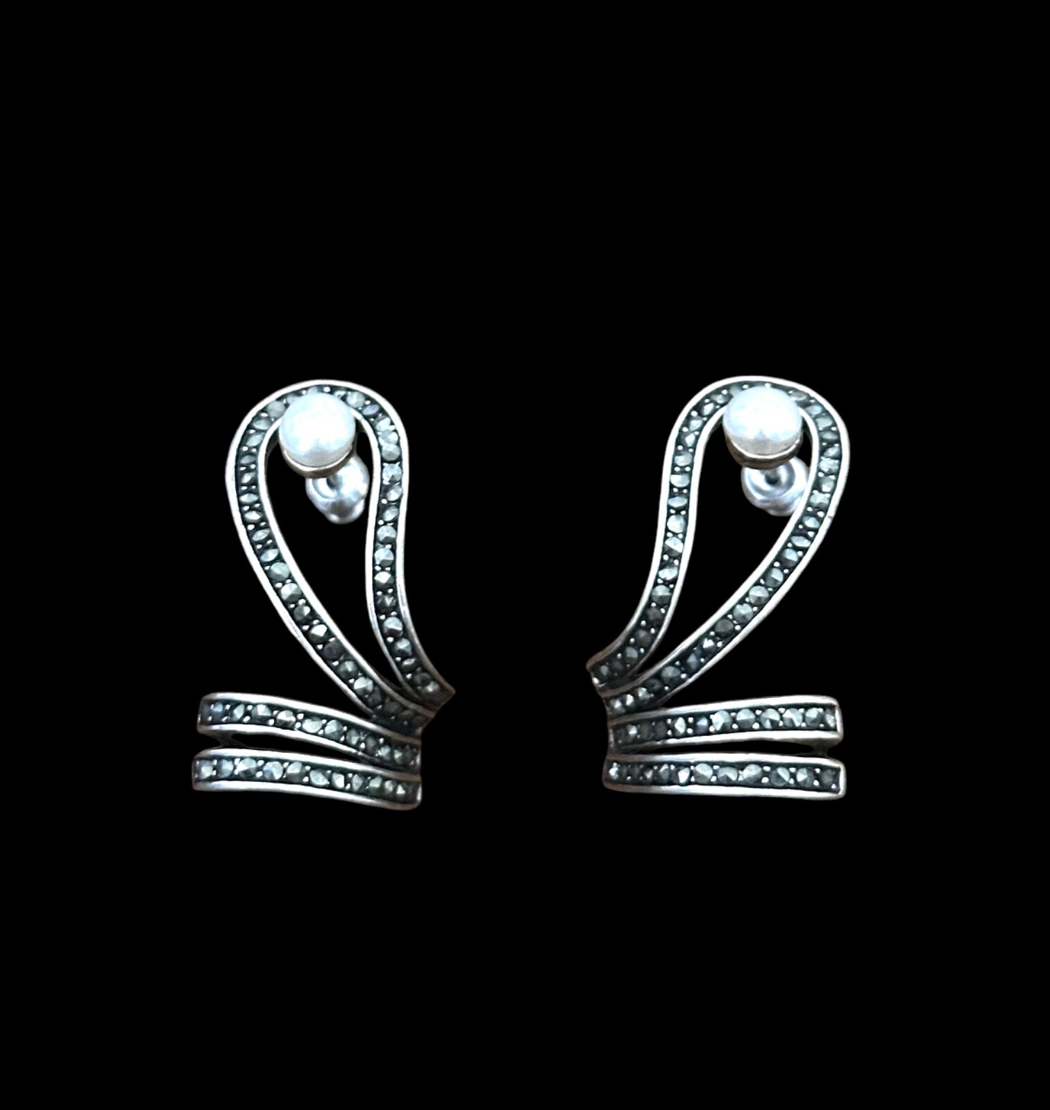 Fashion Earrings – silver color- pearl post- marcasite look- post back-unique
