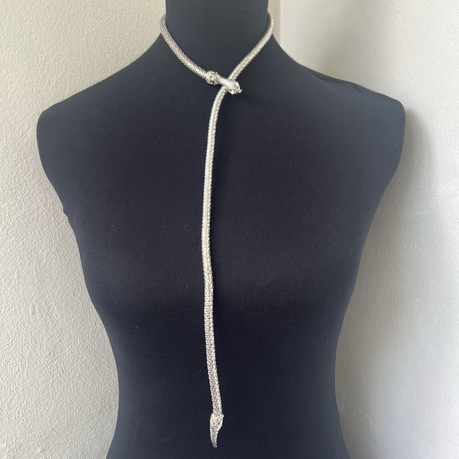 Vintage Silver Chainmail Mesh Serpent Snake Belt Necklace Adjustable Lariat 30”