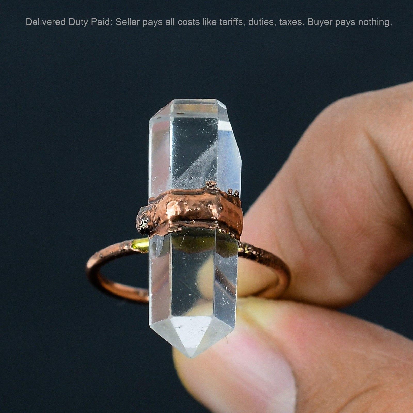Copper Pentagon Crystal Gemstone Electroformed Stackable Statement Ring Jewelry