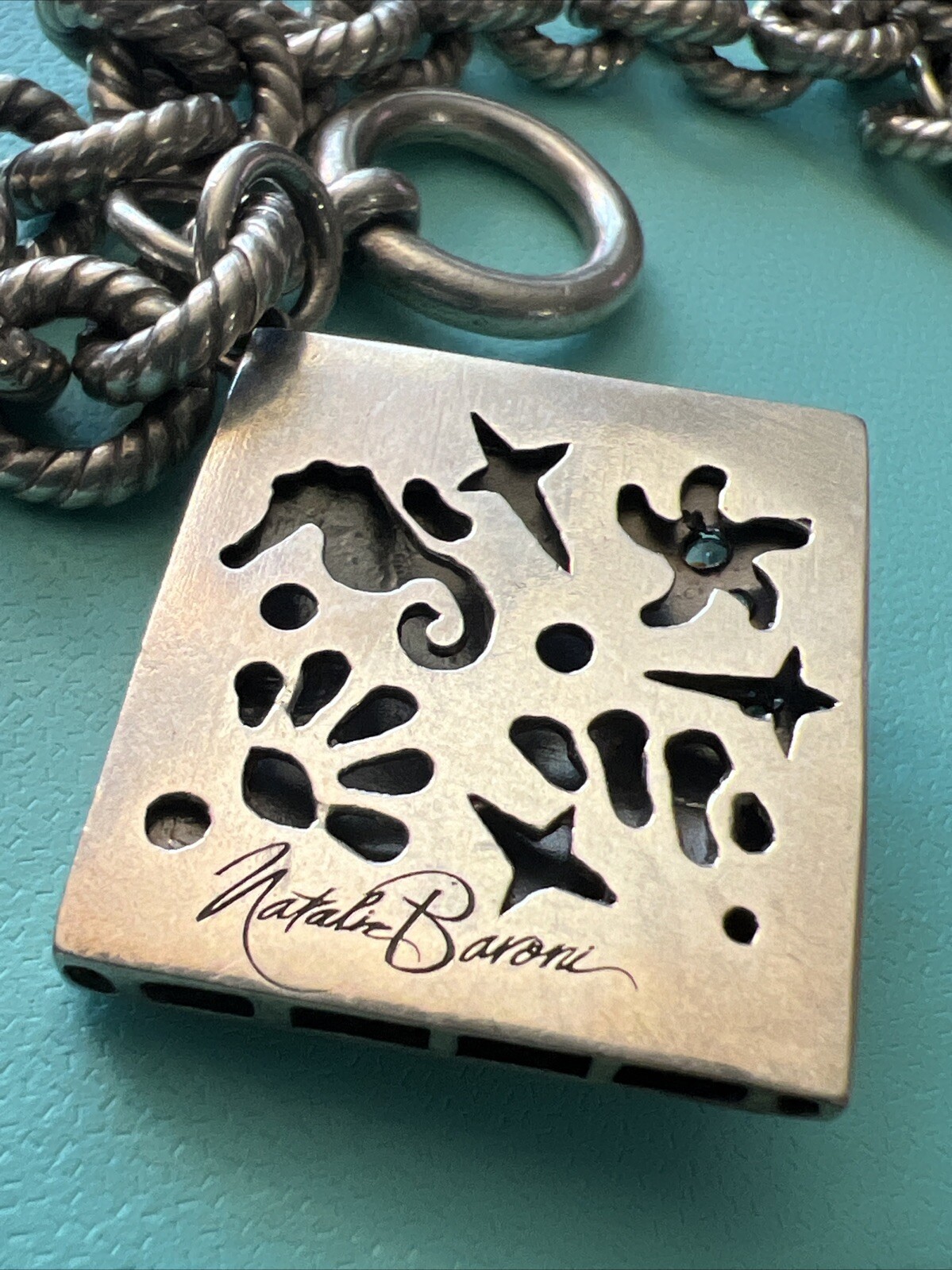 NATALIE BARONI Sterling Silver Portrait Charm Bracelet With Cz Signed 7.5”