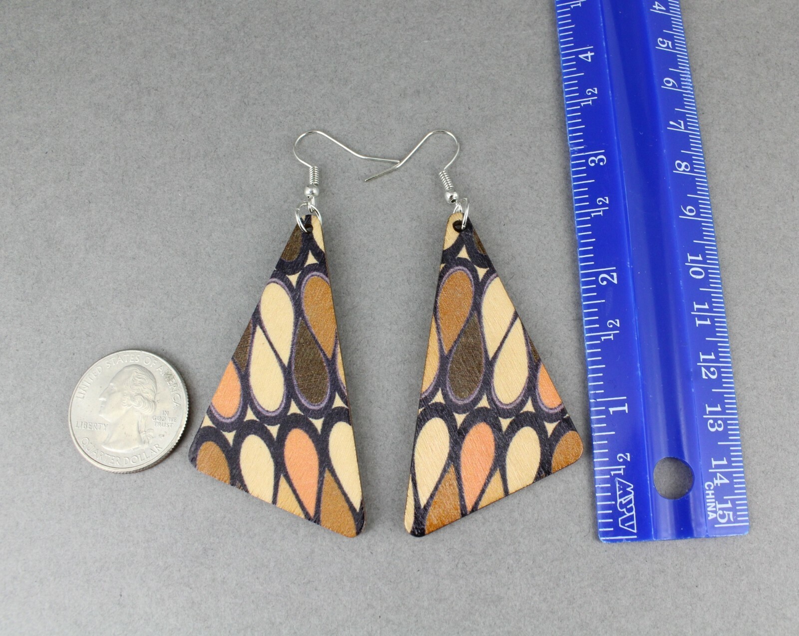 Brown Beige retro pattern earrings 70s look lightweight wood dangle 3 3/8″ long